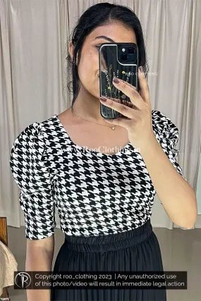 Black And White Checked T-shirt With Puff Sleeves (Top Only)