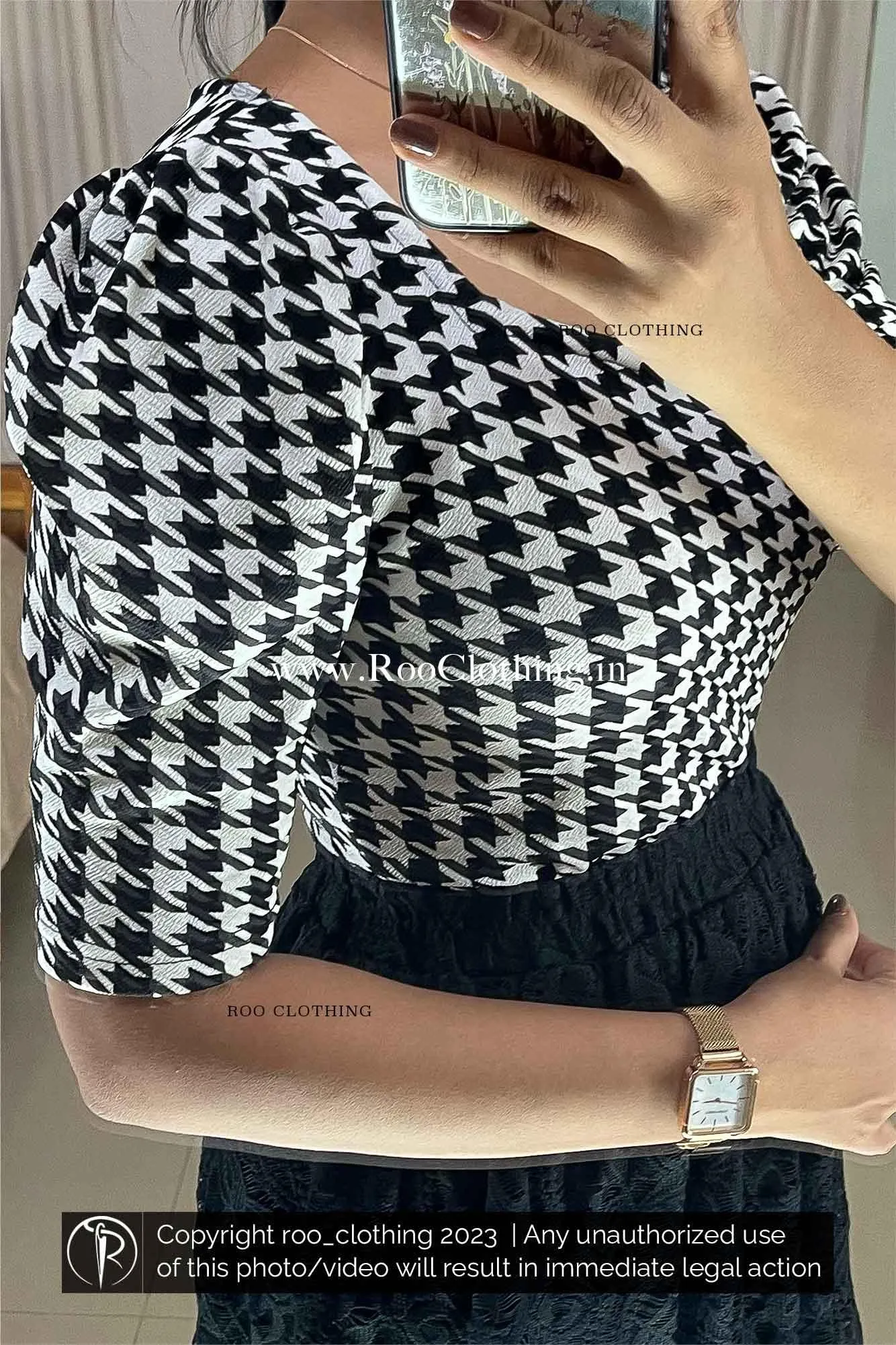 Black And White Checked T-shirt With Puff Sleeves (Top Only)