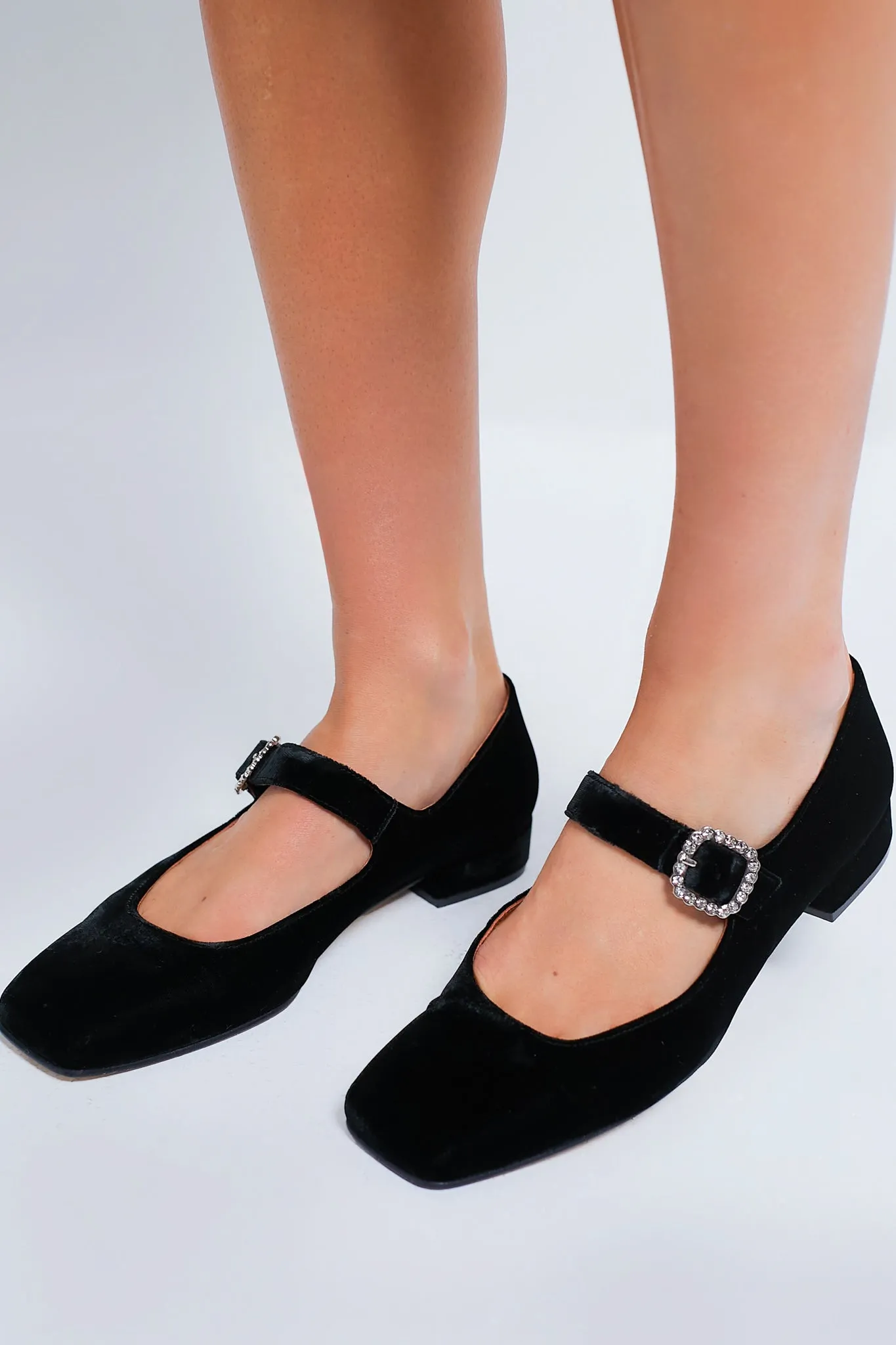 Black Low Mary Jane Diamante Velvet Shoes