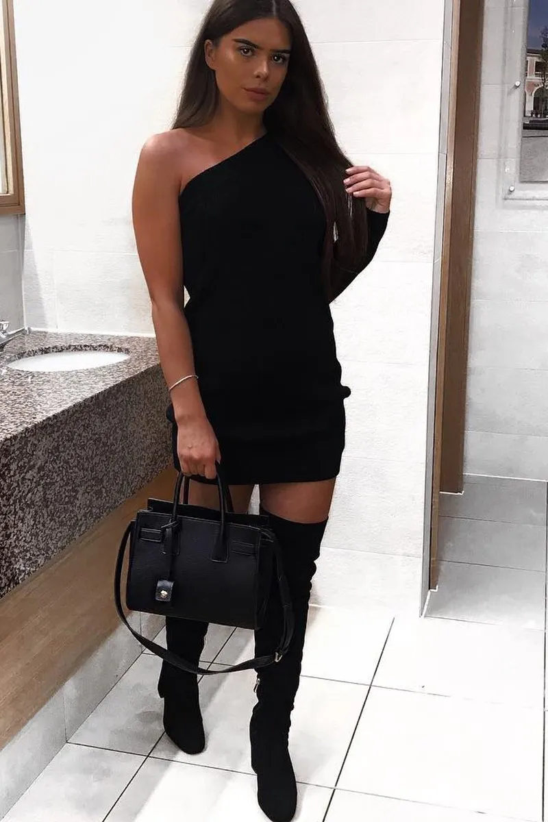 Black One Shoulder Jumper Dress - Liseth