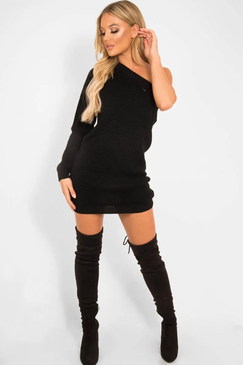 Black One Shoulder Jumper Dress - Liseth