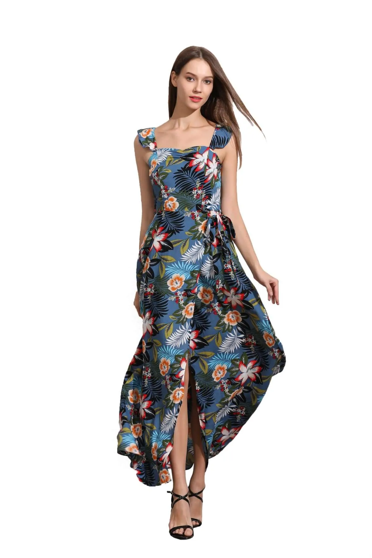 Blue Sweetheart Neckline Ruffle Strap with Island Floral and Palm Leaf Tie Waist Maxi