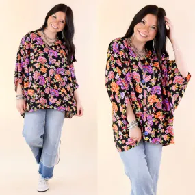 Boho Breeze Floral Print Poncho Top in Black