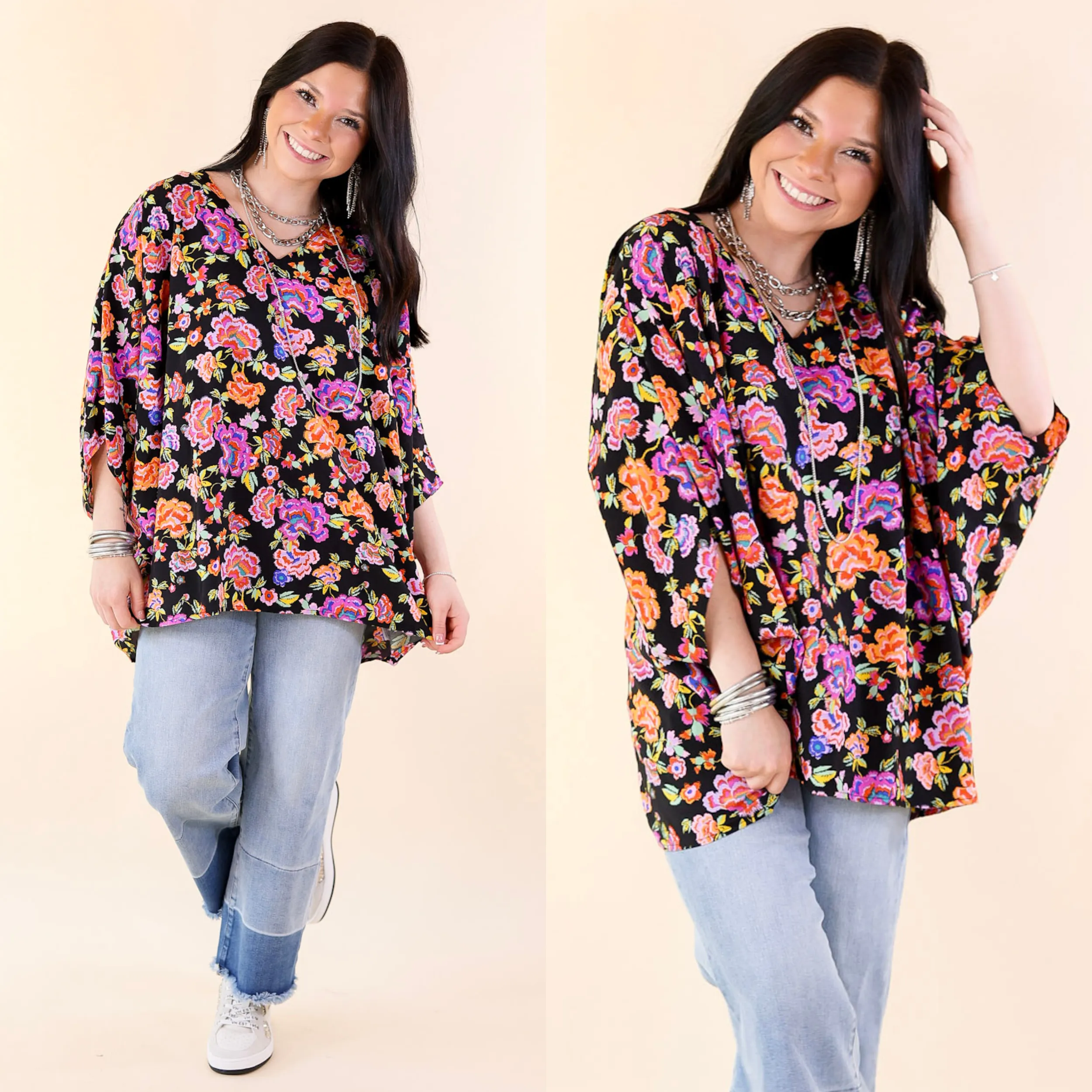 Boho Breeze Floral Print Poncho Top in Black