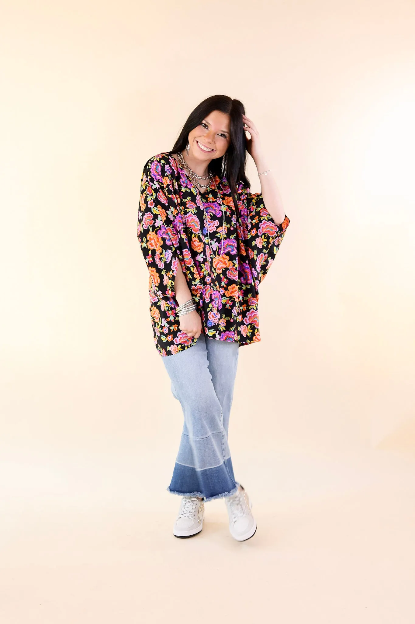 Boho Breeze Floral Print Poncho Top in Black