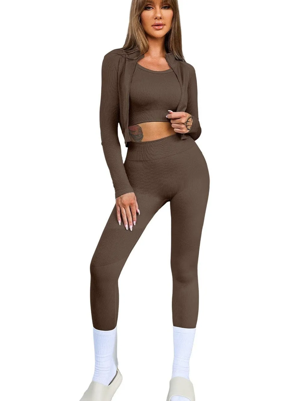 Brown Ribbed Texture Sports Ensemble