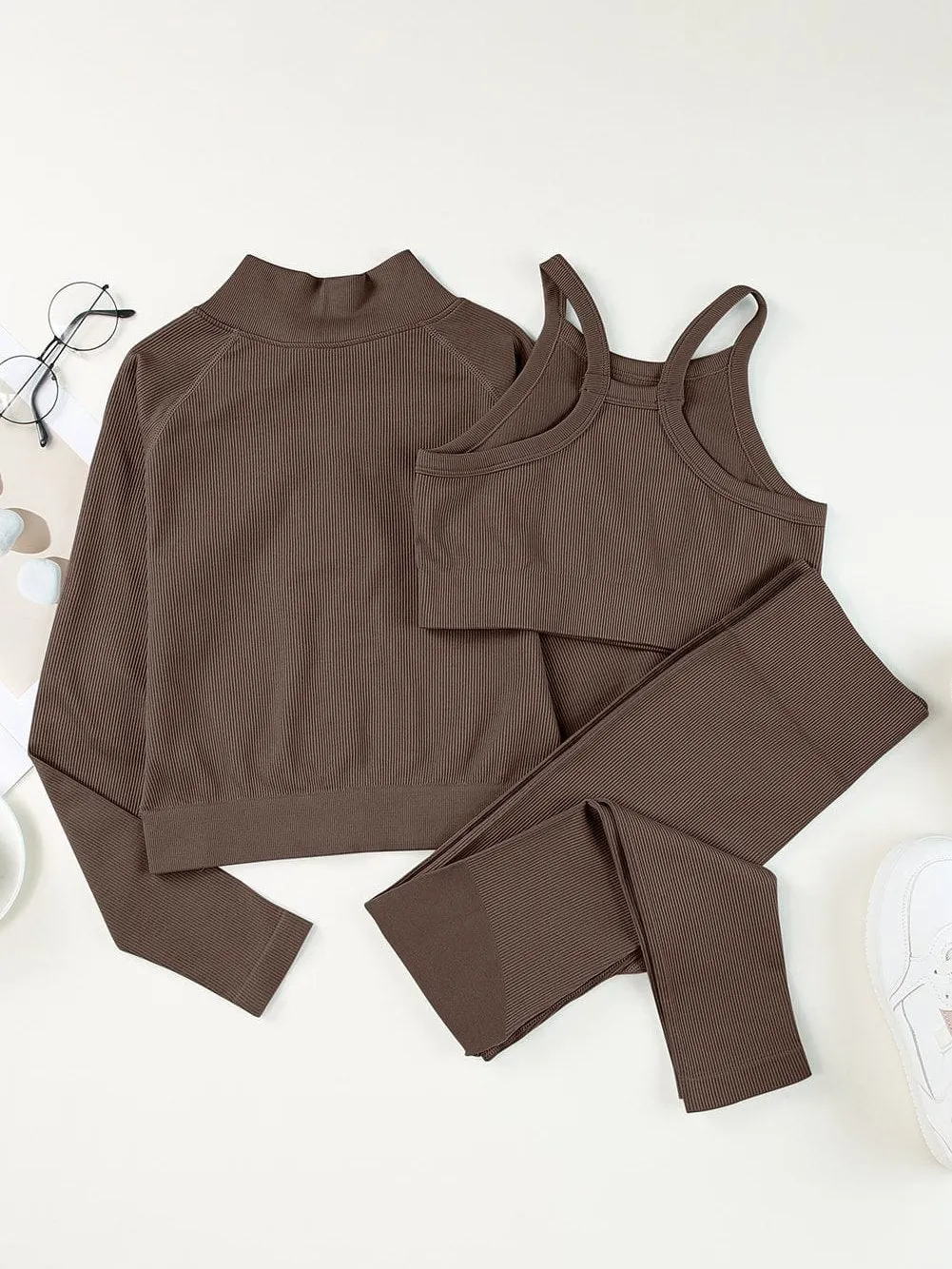 Brown Ribbed Texture Sports Ensemble