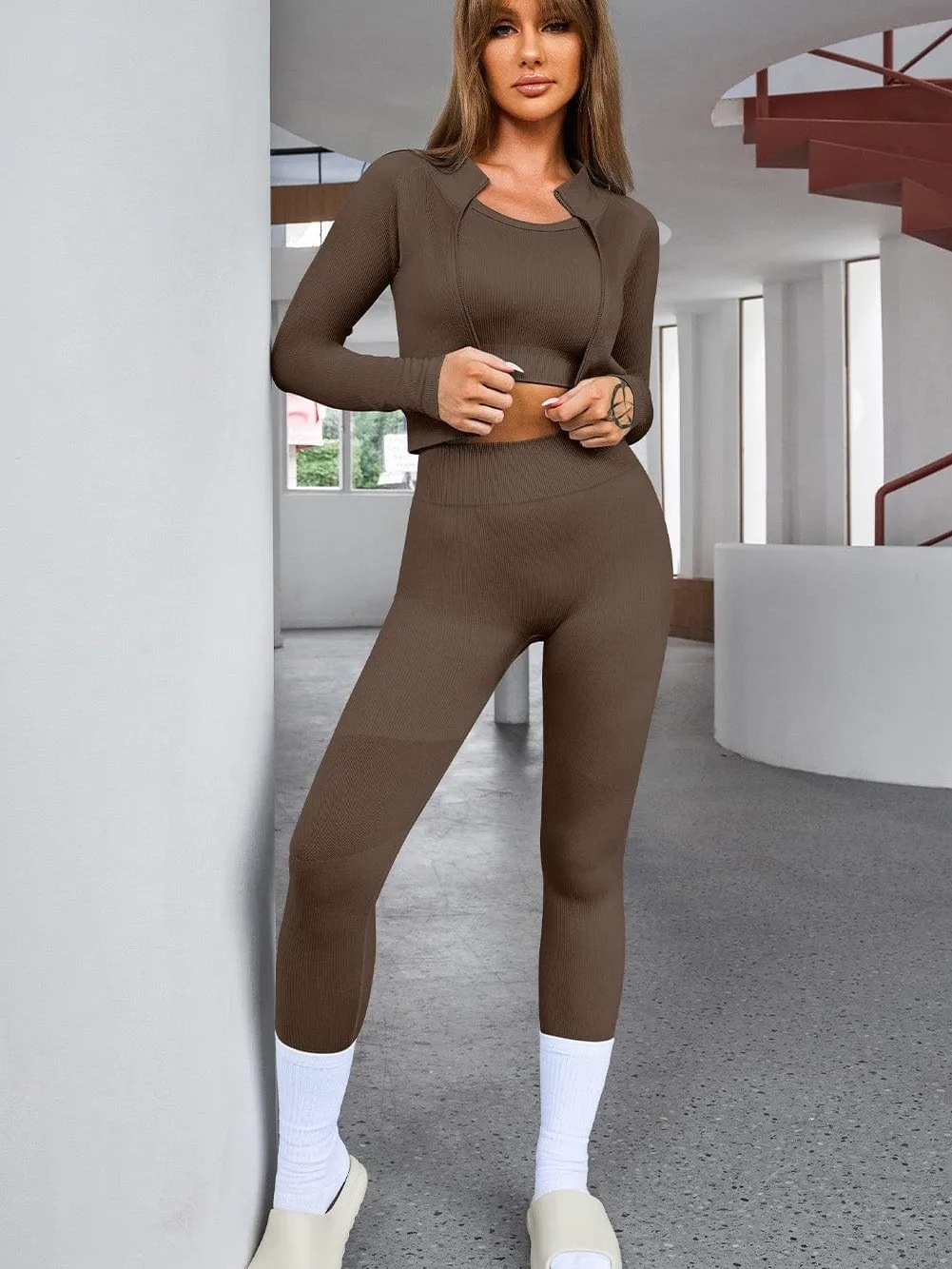 Brown Ribbed Texture Sports Ensemble