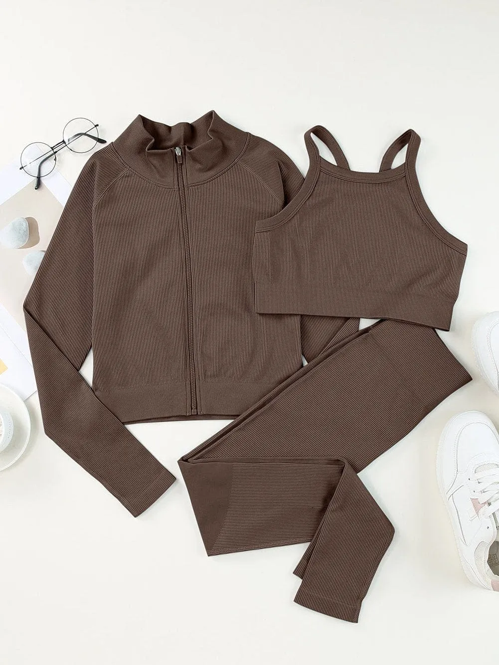 Brown Ribbed Texture Sports Ensemble