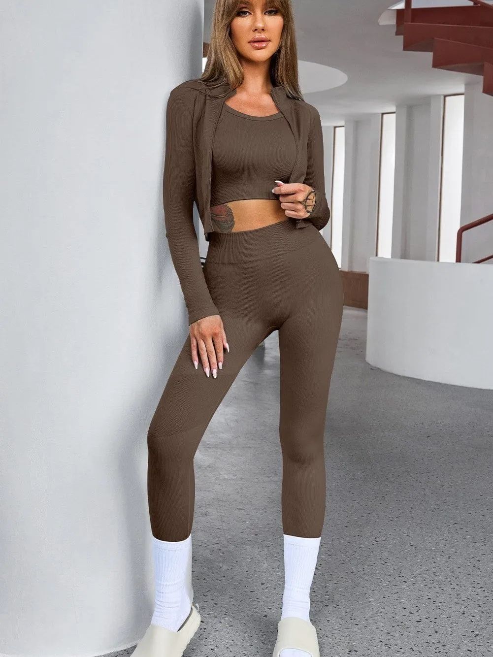 Brown Ribbed Texture Sports Ensemble