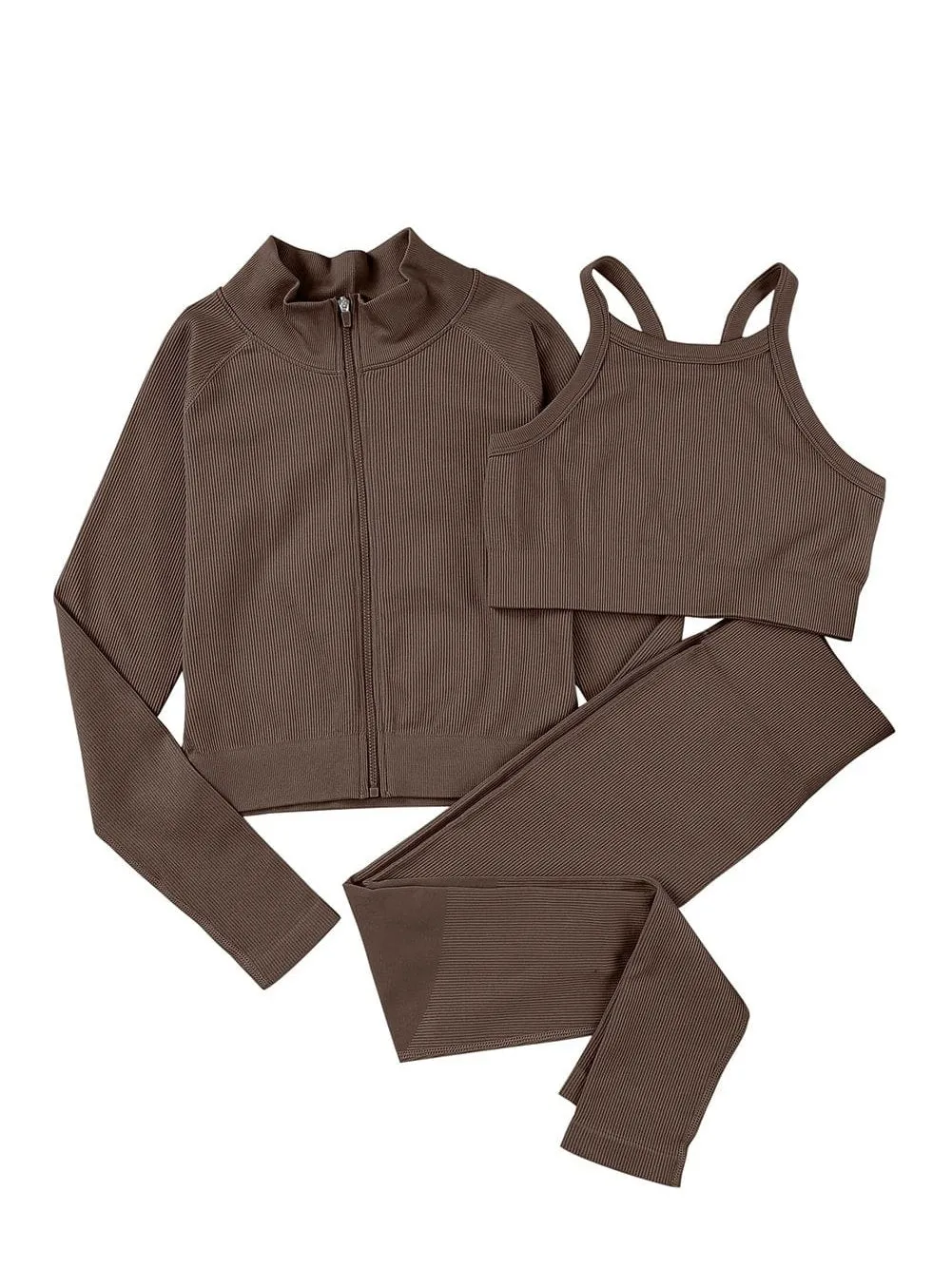 Brown Ribbed Texture Sports Ensemble