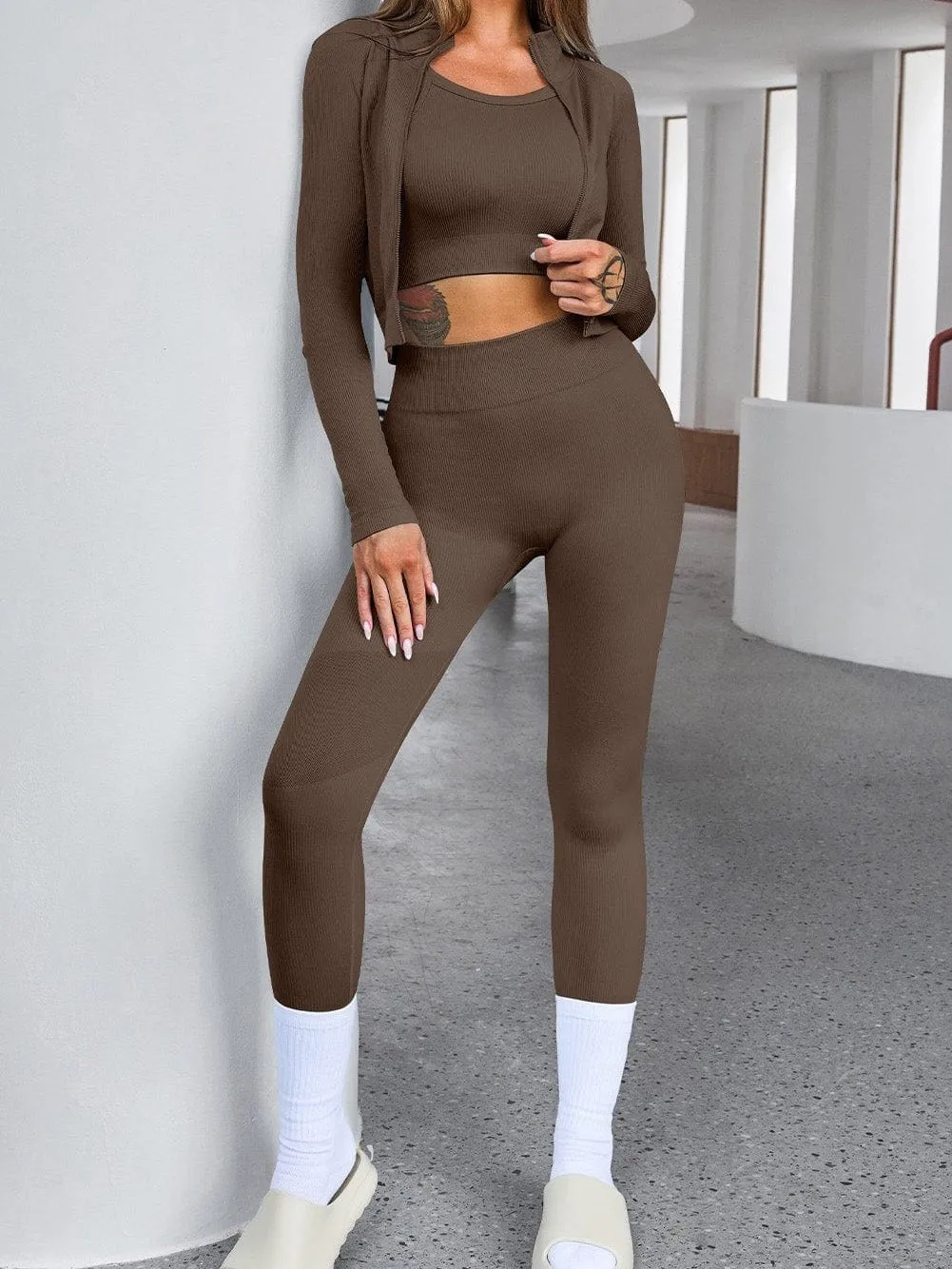 Brown Ribbed Texture Sports Ensemble