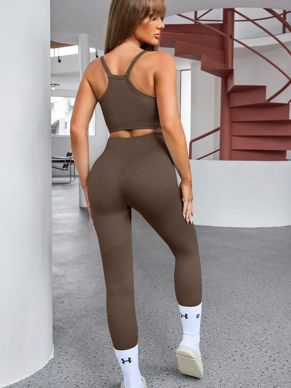 Brown Ribbed Texture Sports Ensemble