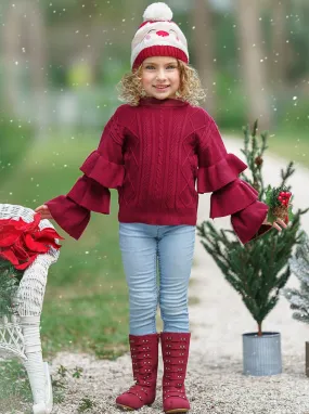 Burgundy Bliss Tiered Sleeve Cable Knit Sweater