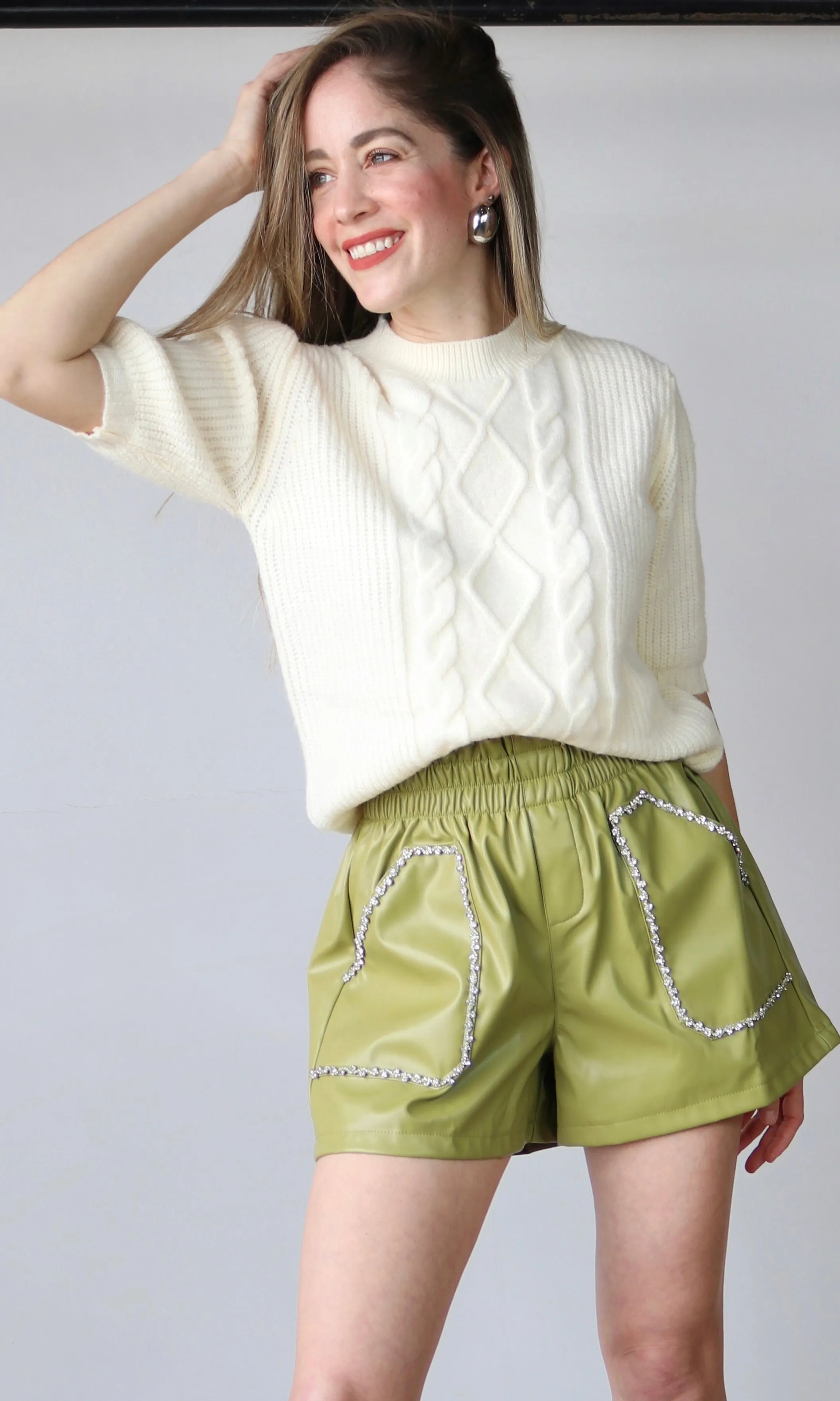 Cable Knit Short Puff Sleeve Sweater