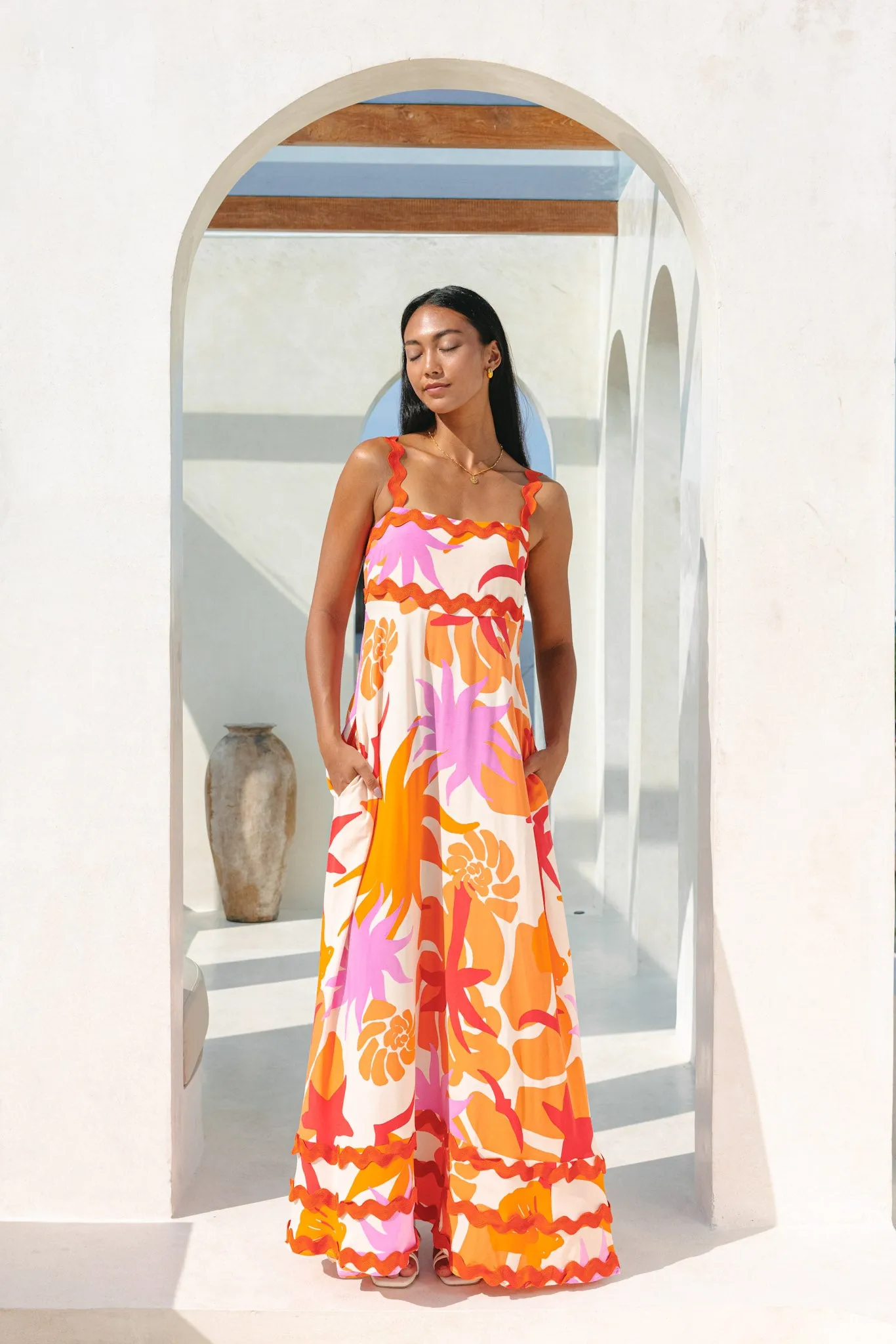 Calinda Orange Abstract Ric Rac Maxi Dress