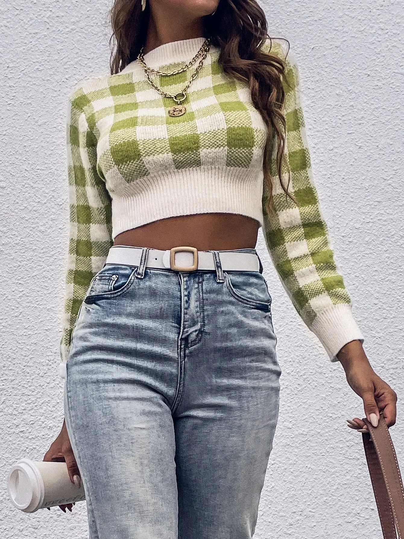 Casual Gingham Long Sleeve Stand Collar Crop Women Sweater