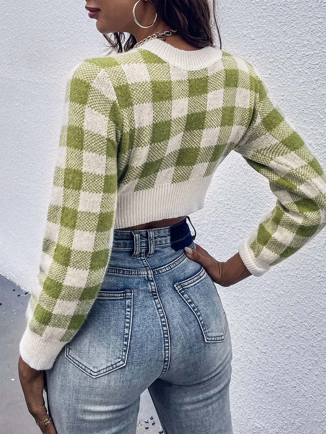 Casual Gingham Long Sleeve Stand Collar Crop Women Sweater