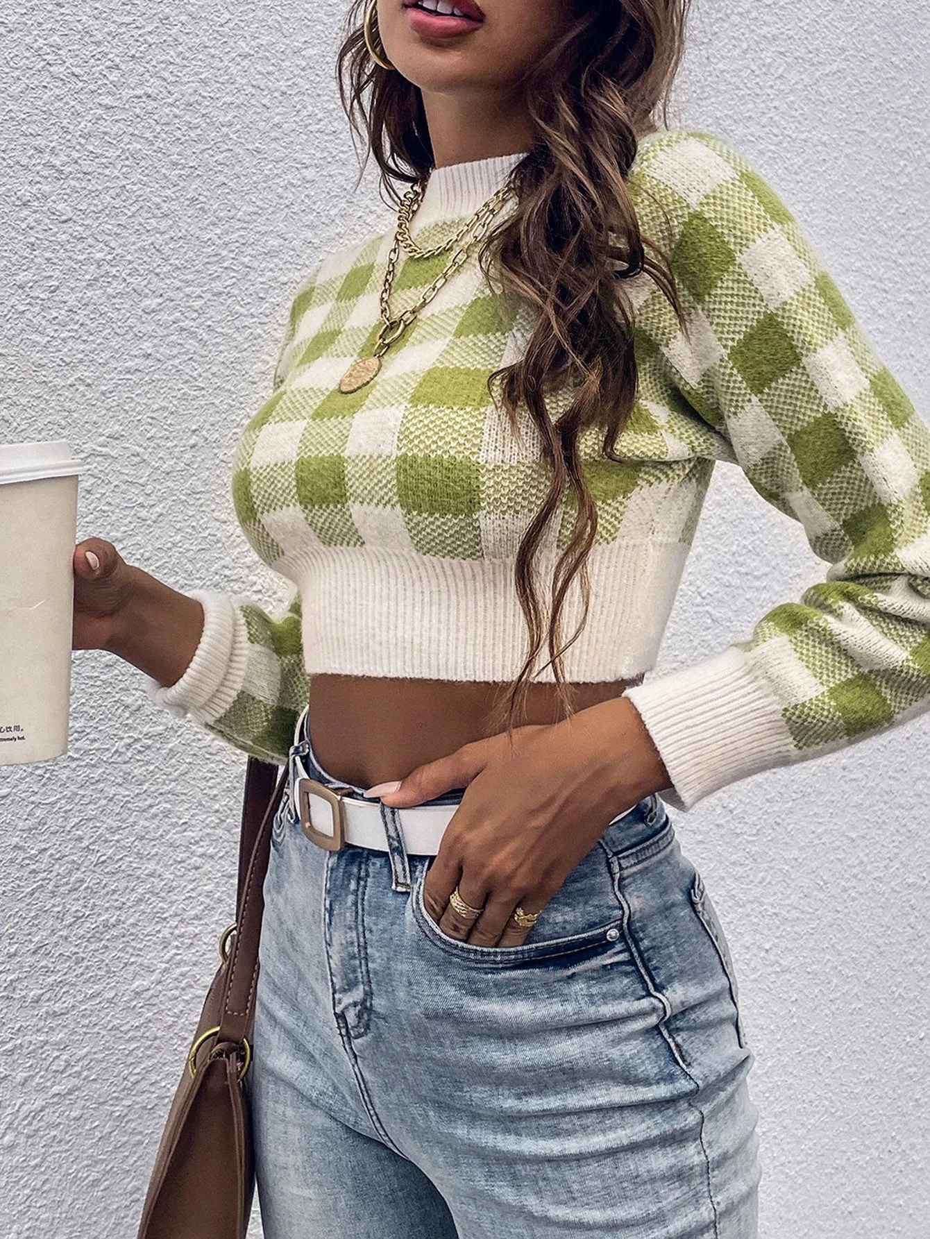 Casual Gingham Long Sleeve Stand Collar Crop Women Sweater