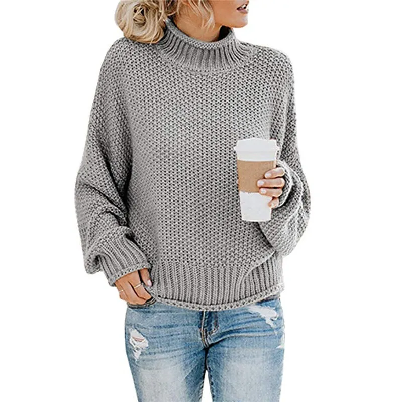 Casual Long Sleeve High Neck Chunky Knit Sweater Wholesale Womens Tops