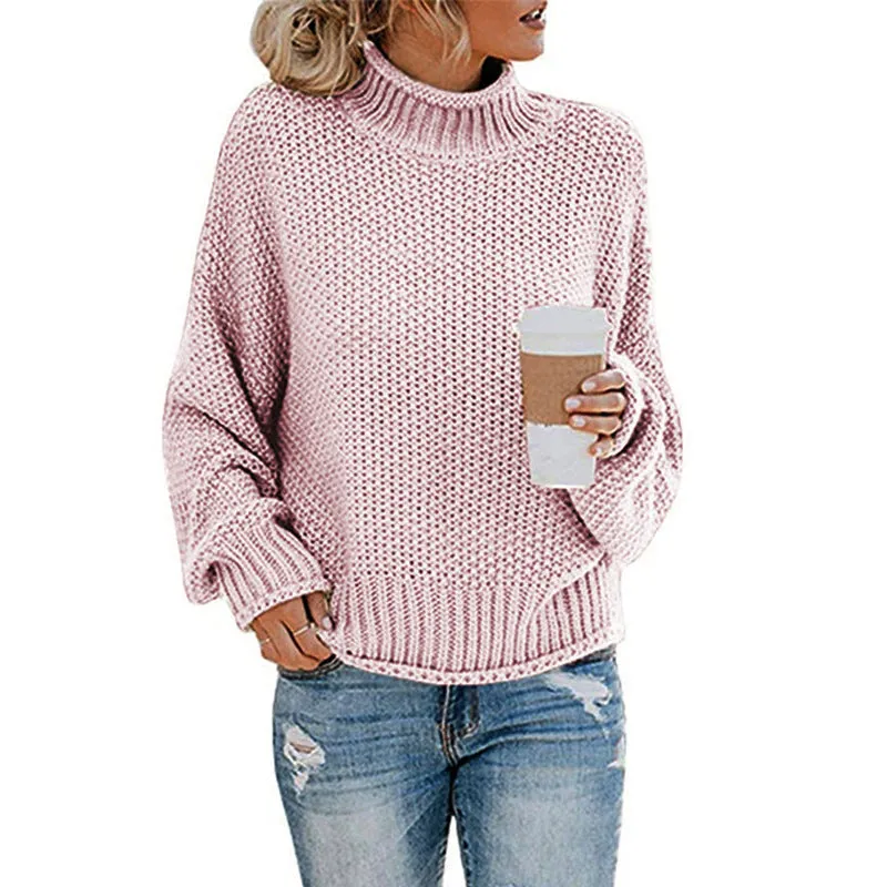 Casual Long Sleeve High Neck Chunky Knit Sweater Wholesale Womens Tops