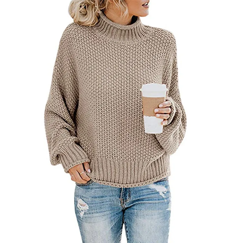 Casual Long Sleeve High Neck Chunky Knit Sweater Wholesale Womens Tops