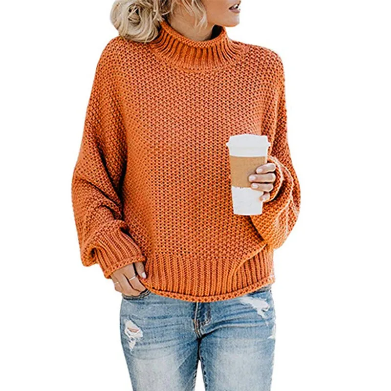 Casual Long Sleeve High Neck Chunky Knit Sweater Wholesale Womens Tops