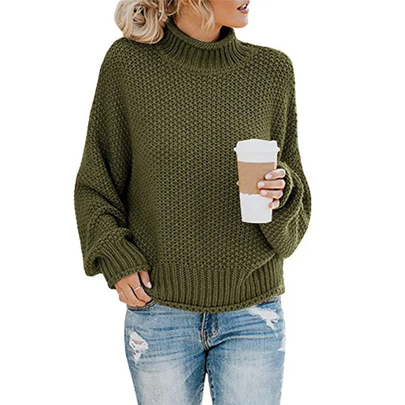 Casual Long Sleeve High Neck Chunky Knit Sweater Wholesale Womens Tops