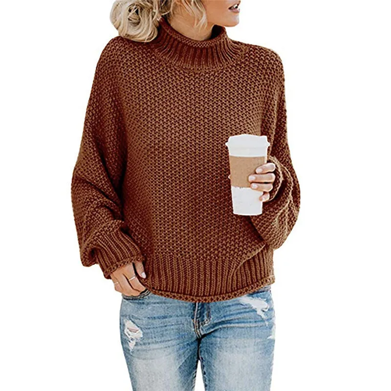 Casual Long Sleeve High Neck Chunky Knit Sweater Wholesale Womens Tops