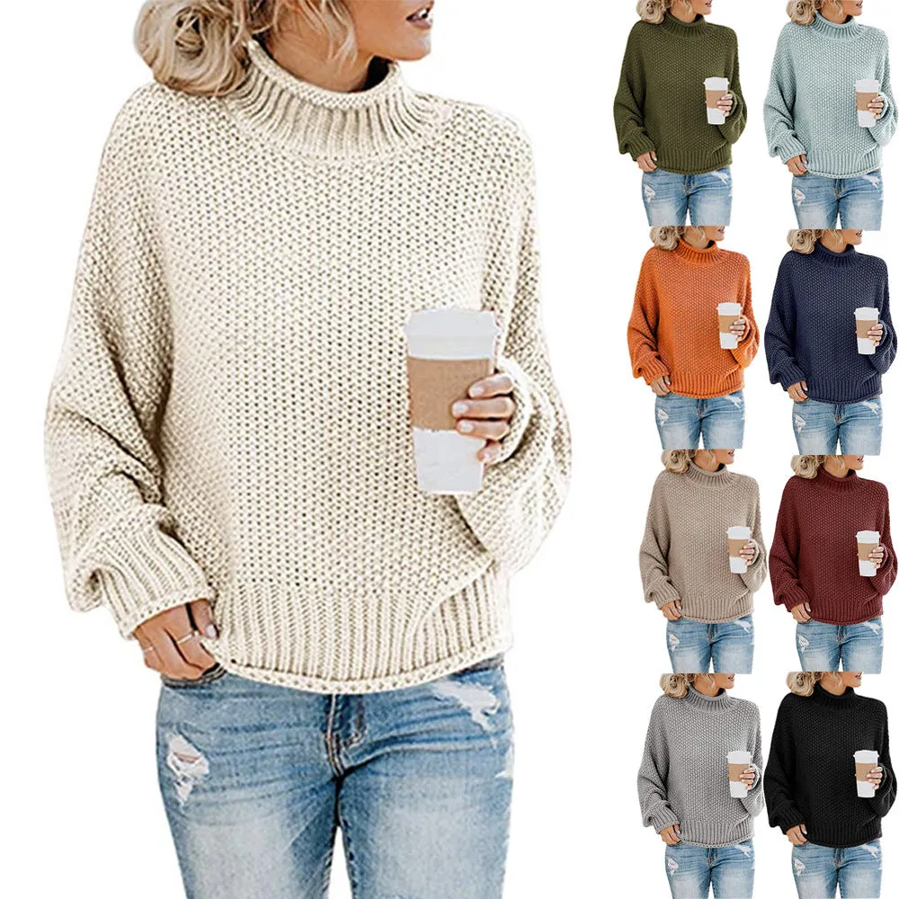 Casual Long Sleeve High Neck Chunky Knit Sweater Wholesale Womens Tops