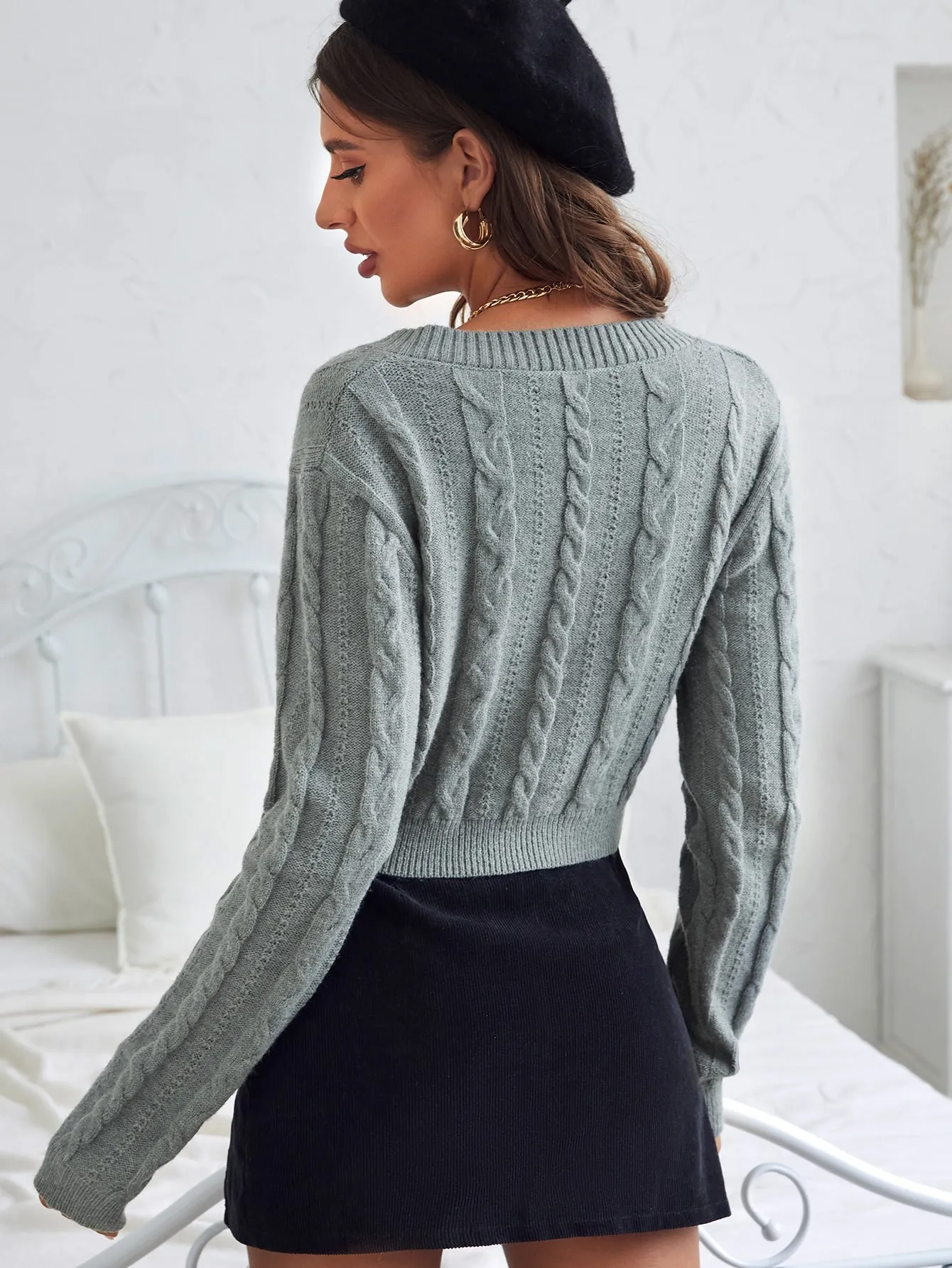 Casual Plain Long Sleeve V Neck Crop Women Sweater