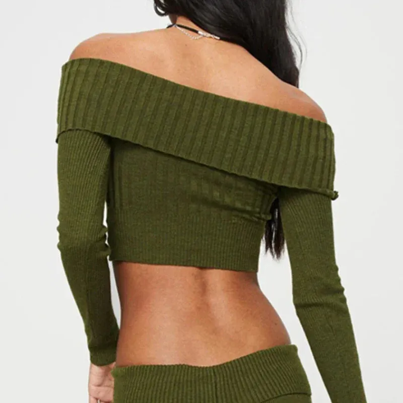 Casual The Sexy Long Off Solid Sleeve Knitted Slim Woman Pullovers Sweater Crop Sweaters Shoulders Bodycon Street Top