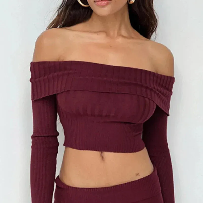 Casual The Sexy Long Off Solid Sleeve Knitted Slim Woman Pullovers Sweater Crop Sweaters Shoulders Bodycon Street Top