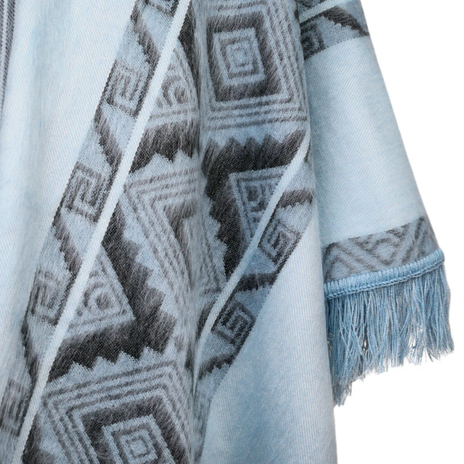 Chambira - Lightweight Baby Alpaca Fringed Hooded Poncho - Andean Sky Blue & Charcoal - Unisex