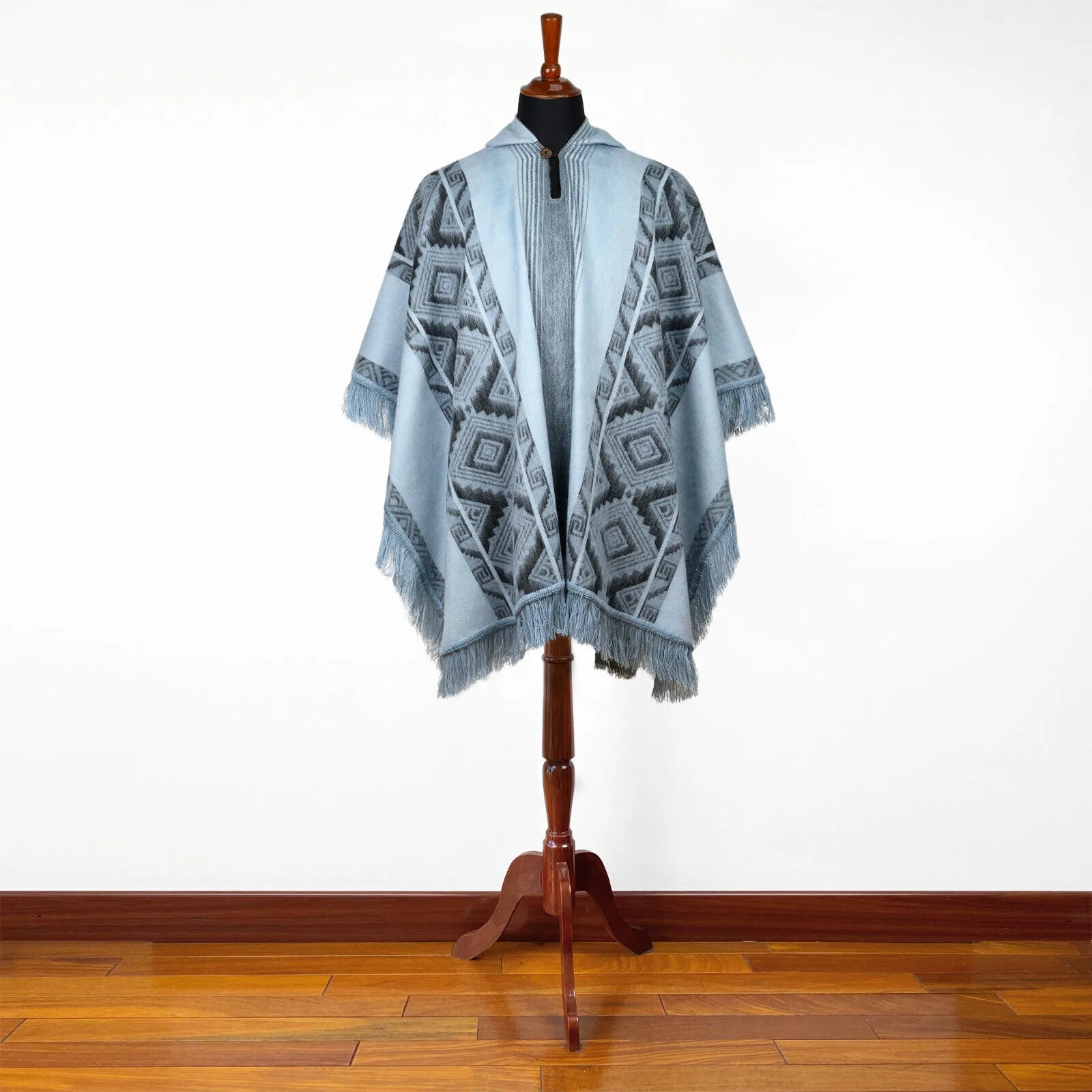 Chambira - Lightweight Baby Alpaca Fringed Hooded Poncho - Andean Sky Blue & Charcoal - Unisex