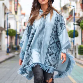 Chambira - Lightweight Baby Alpaca Fringed Hooded Poncho - Andean Sky Blue & Charcoal - Unisex