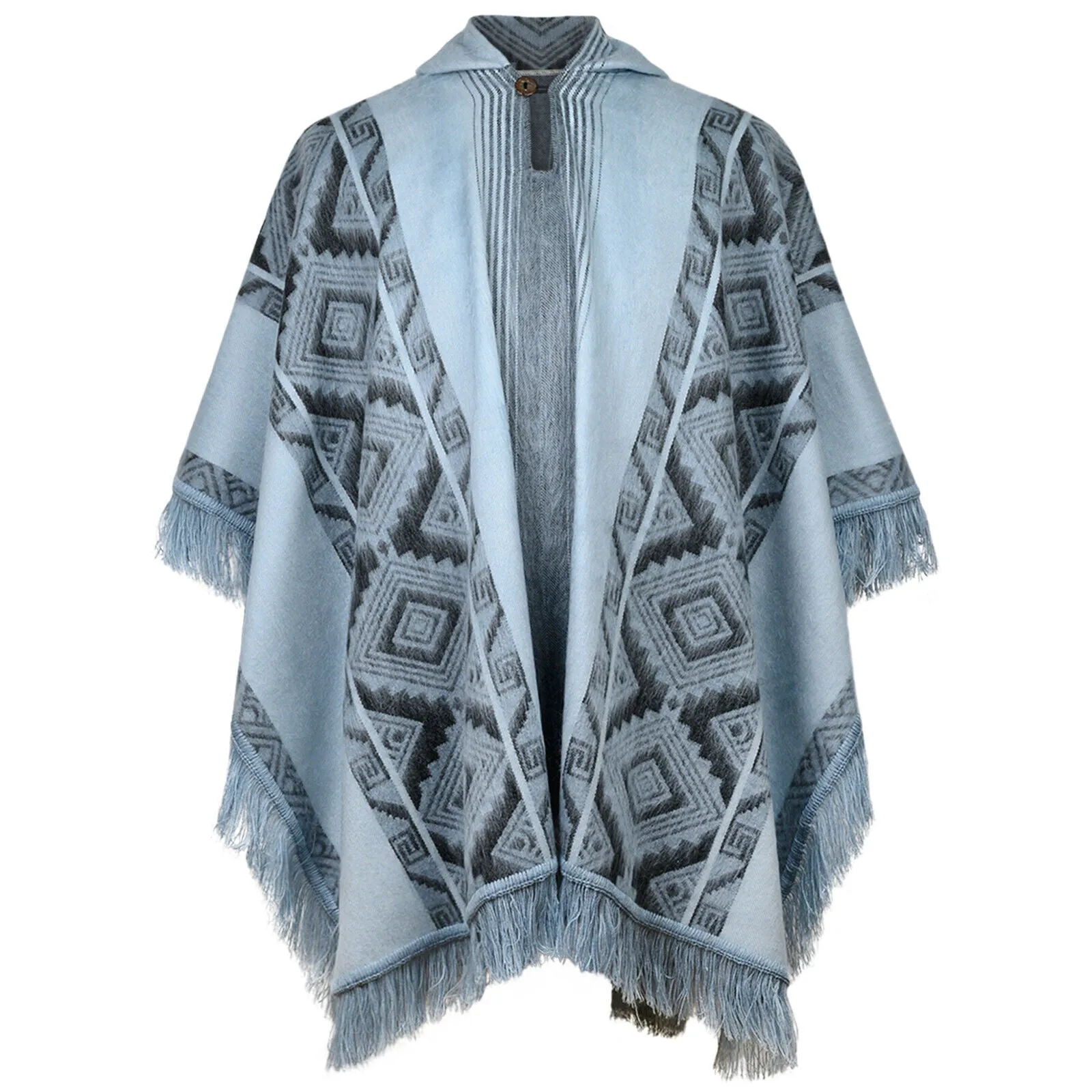 Chambira - Lightweight Baby Alpaca Fringed Hooded Poncho - Andean Sky Blue & Charcoal - Unisex