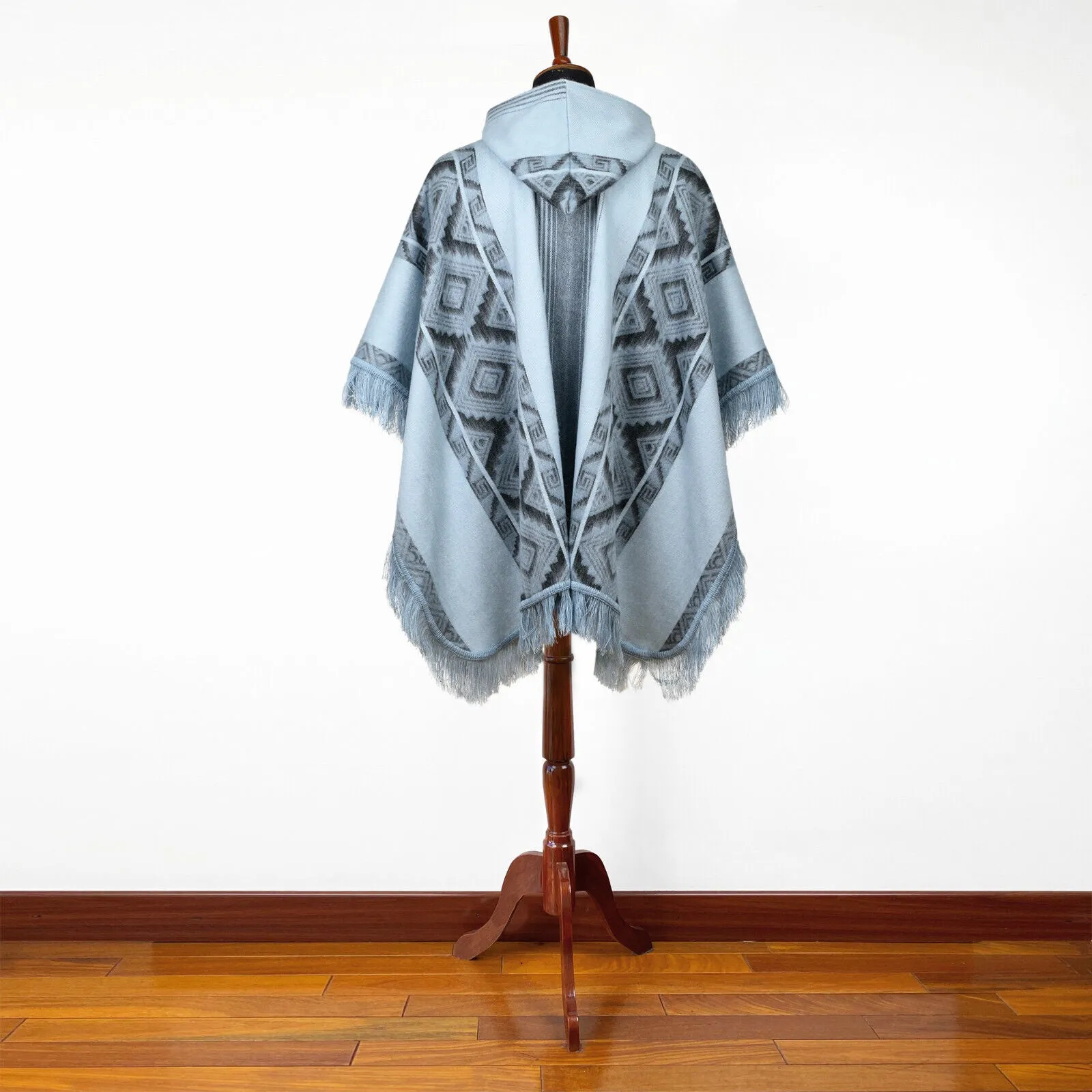 Chambira - Lightweight Baby Alpaca Fringed Hooded Poncho - Andean Sky Blue & Charcoal - Unisex