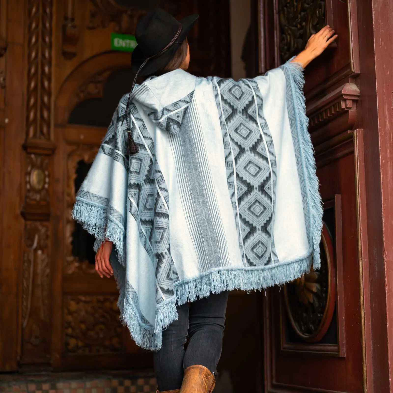 Chambira - Lightweight Baby Alpaca Fringed Hooded Poncho - Andean Sky Blue & Charcoal - Unisex