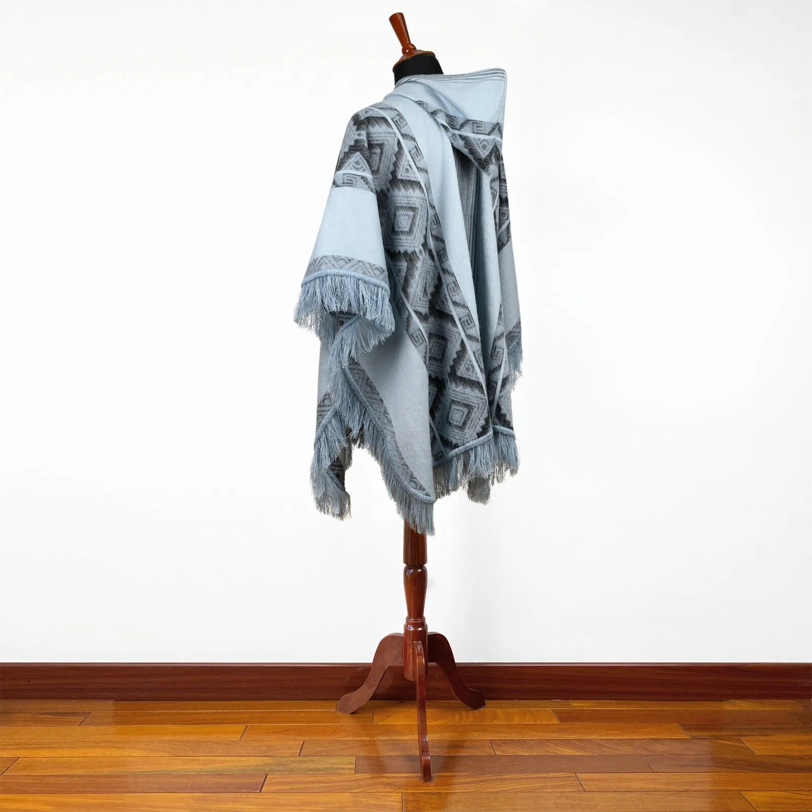 Chambira - Lightweight Baby Alpaca Fringed Hooded Poncho - Andean Sky Blue & Charcoal - Unisex