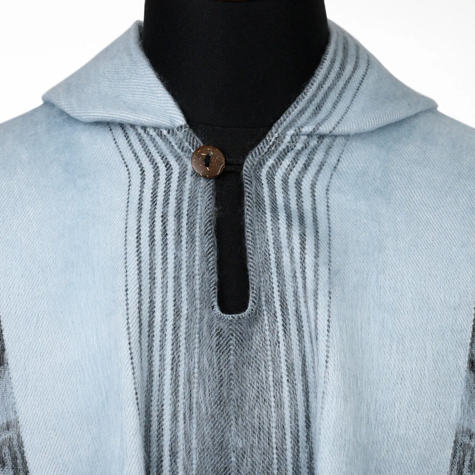 Chambira - Lightweight Baby Alpaca Fringed Hooded Poncho - Andean Sky Blue & Charcoal - Unisex