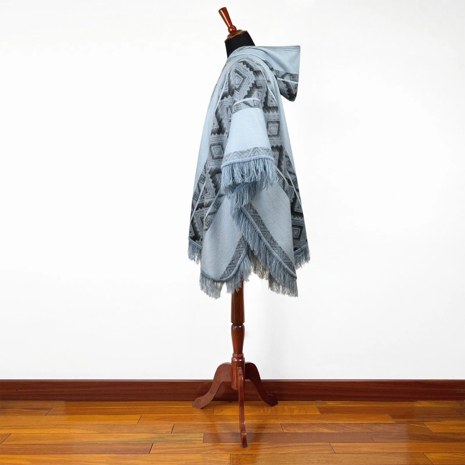 Chambira - Lightweight Baby Alpaca Fringed Hooded Poncho - Andean Sky Blue & Charcoal - Unisex