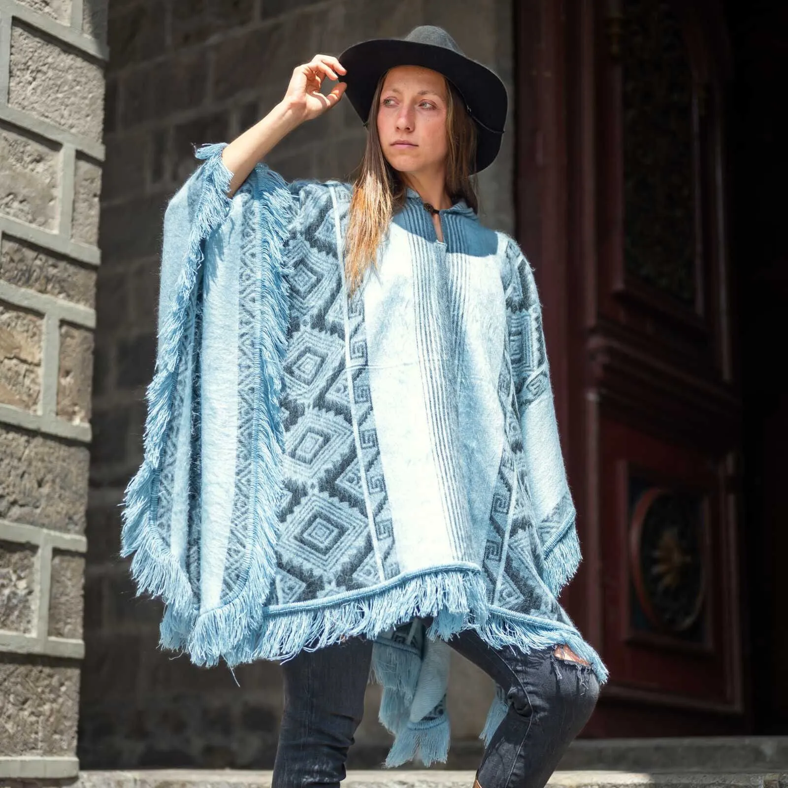 Chambira - Lightweight Baby Alpaca Fringed Hooded Poncho - Andean Sky Blue & Charcoal - Unisex