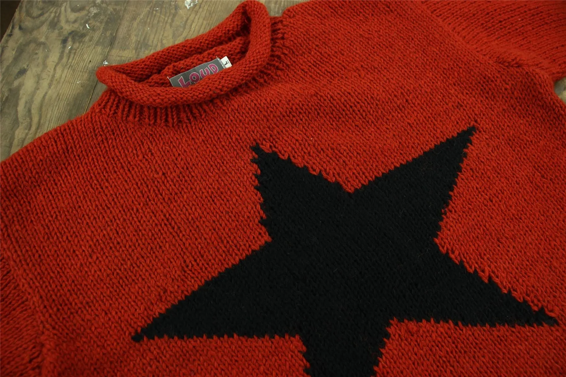 Chunky Wool Knit Star Jumper - Burnt Orange & Black