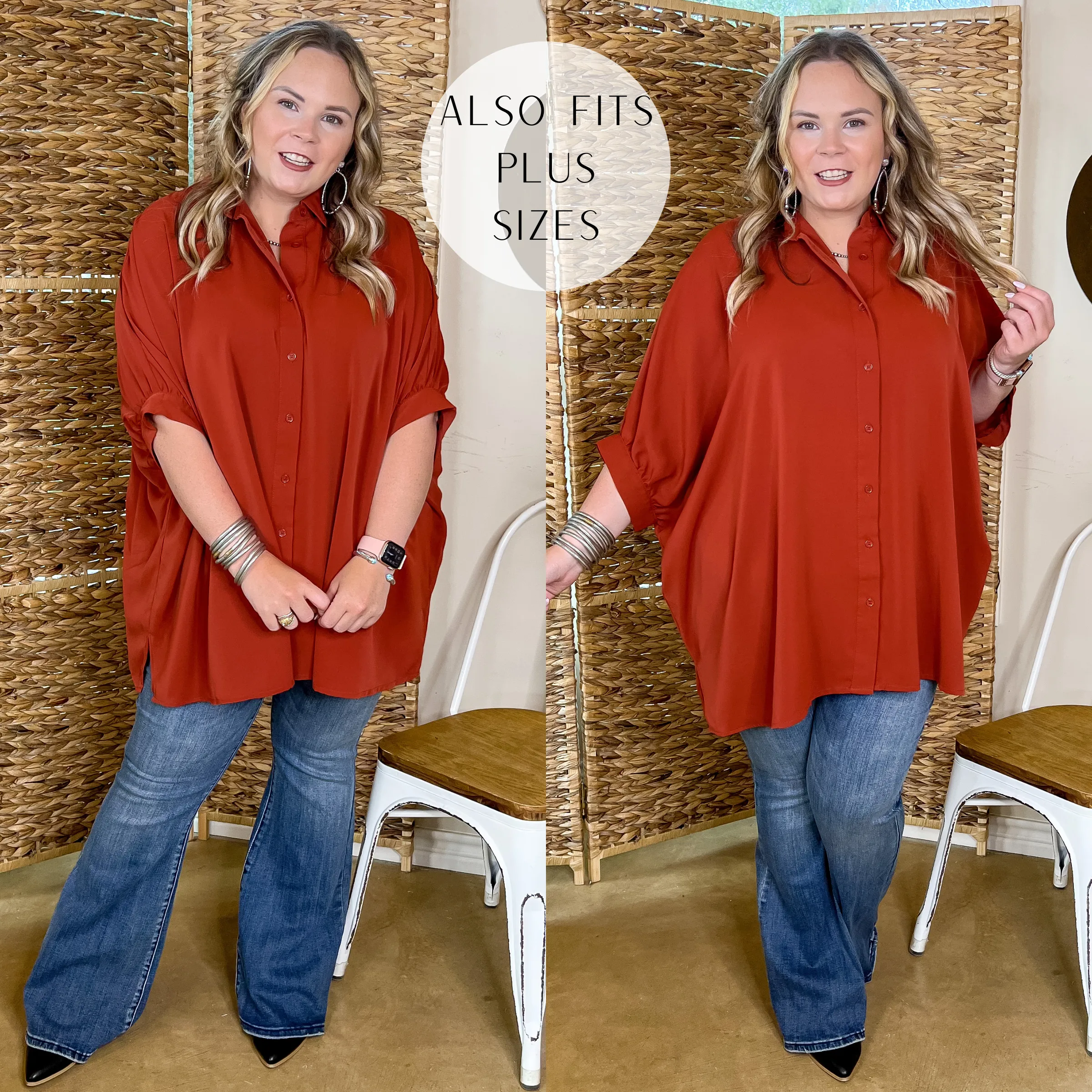 City Lifestyle Button Up Half Sleeve Poncho Top in Rust Orange