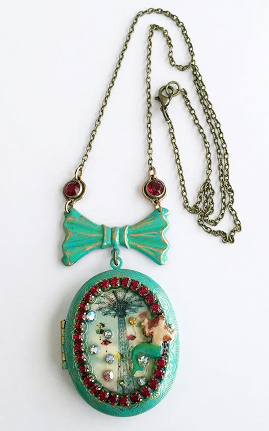 Coney Island Mermaid and Parachute Jump Rhinestone Locket Necklace