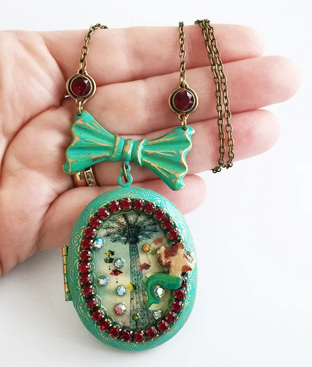 Coney Island Mermaid and Parachute Jump Rhinestone Locket Necklace