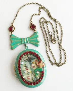 Coney Island Mermaid and Parachute Jump Rhinestone Locket Necklace