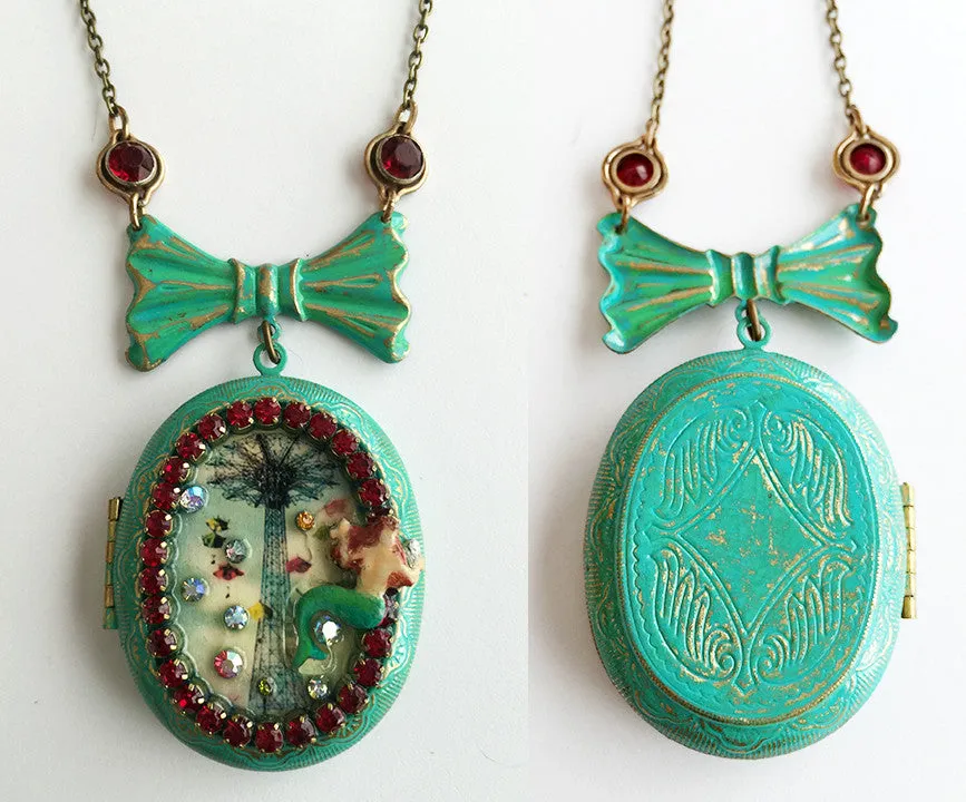 Coney Island Mermaid and Parachute Jump Rhinestone Locket Necklace