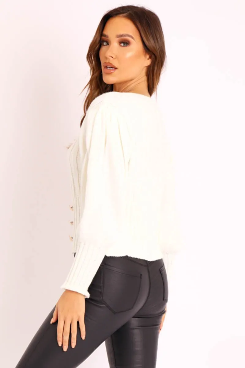 Cream Gold Button Front Knit Jumper - Eleonor